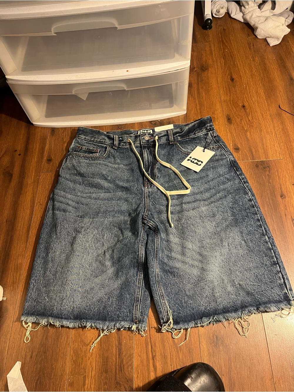 KBB by KAHLANA High-Rise Raw Hem Denim barrel leg Shorts in Blue